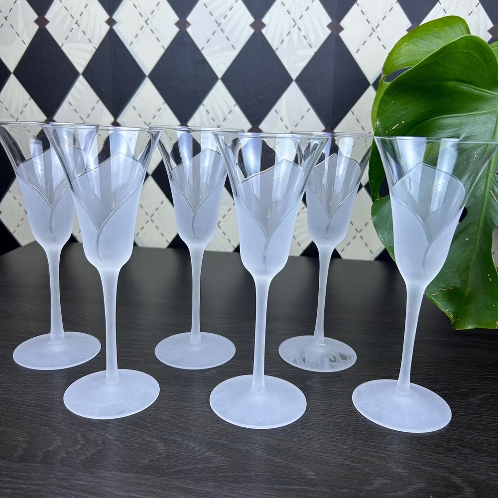 Vintage Sasaki Hana Flutes Frosted Floral Stem Champagne Glasses Set 6 Celestial - Picture 8 of 17